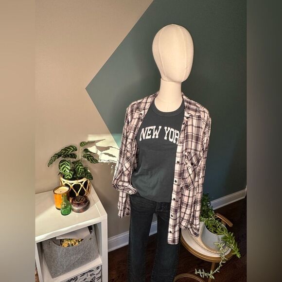 Sanctuary Plaid Boyfriend Shirt Button-Up Black/White Checkered Flannel Size S - Picture 2 of 11